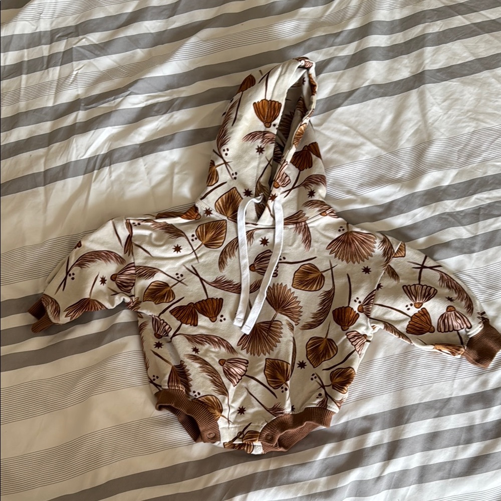 Brown Leaf Pattern Kids Hoodie Romper